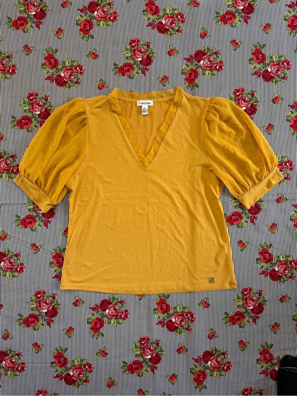 Calvin Klein Mustard Yellow V-Neck Puff Sleeve Top